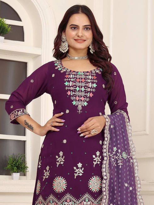Purple Fox Georgette Silk Pant Suit 192151 Salwar Kameez